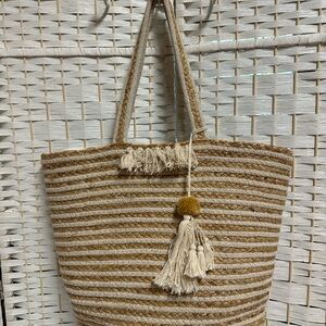 Nalani Jute Tan and Cream Woven Tote‎ Bag with Tassels
